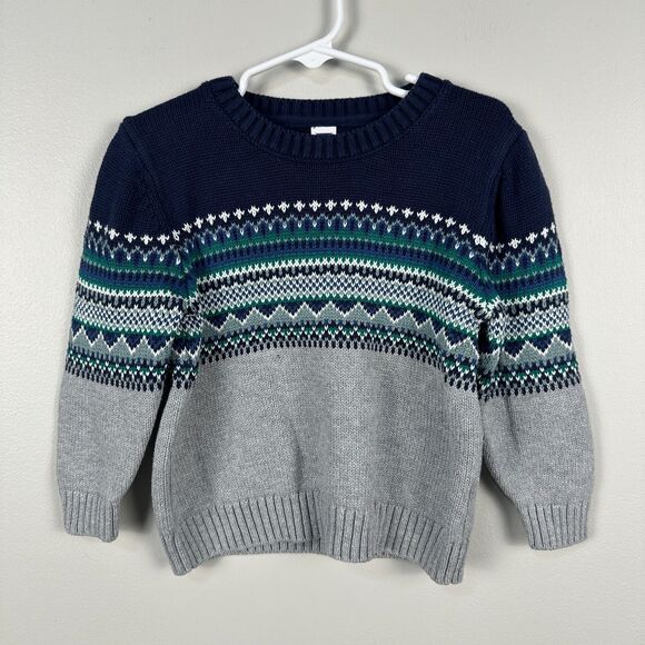Janie and Jack Boys 2T Crewneck Fair Isle Knit Sweater Blue Green Holidays - Picture 1 of 4